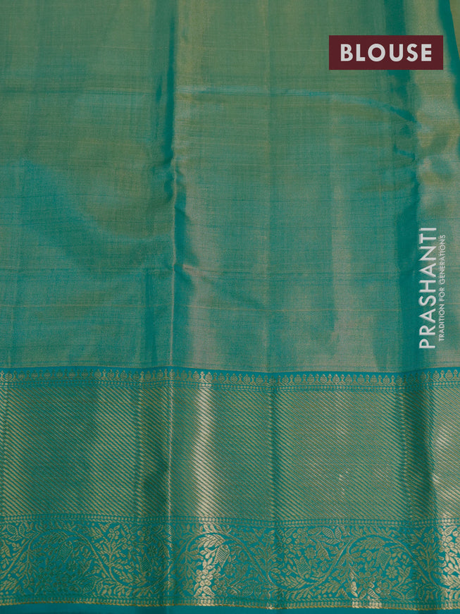 Pure kanjivaram tissue silk saree teal green with allover silver zari woven brocade weaves and zari woven border