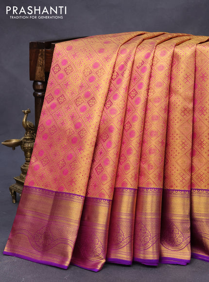 Pure kanjivaram tissue silk saree pink and violet with allover zari woven brocade weaves and zari woven border