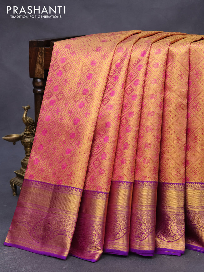 Pure kanjivaram tissue silk saree pink and violet with allover zari woven brocade weaves and zari woven border