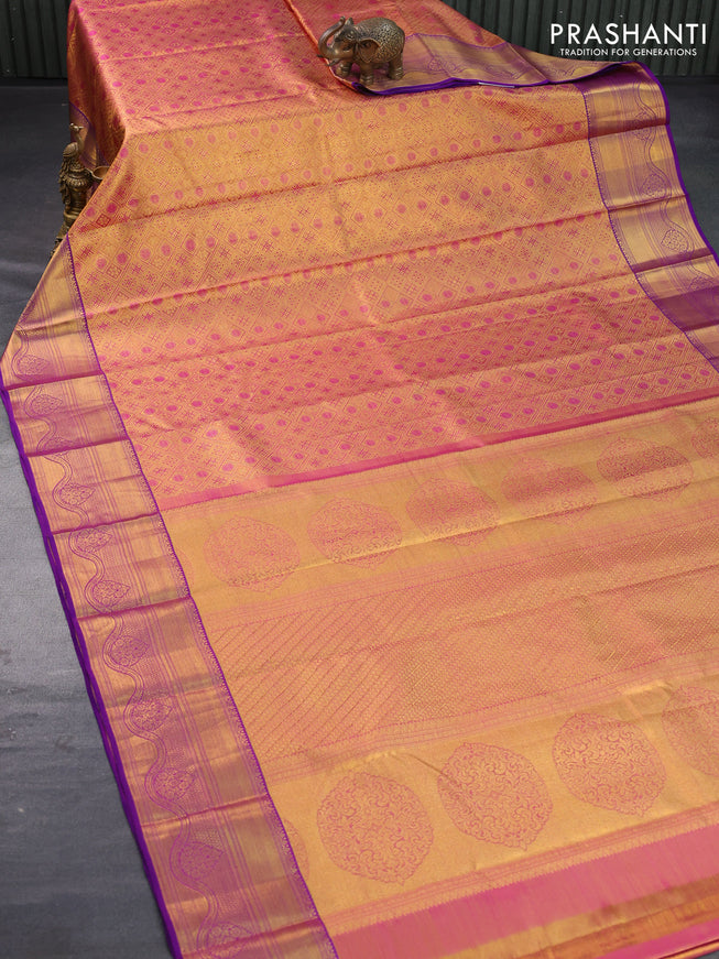 Pure kanjivaram tissue silk saree pink and violet with allover zari woven brocade weaves and zari woven border