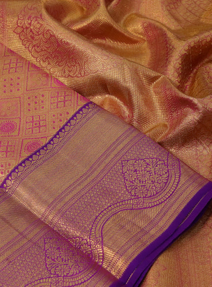 Pure kanjivaram tissue silk saree pink and violet with allover zari woven brocade weaves and zari woven border