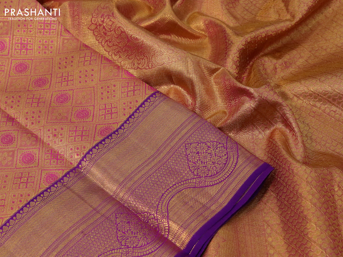 Pure kanjivaram tissue silk saree pink and violet with allover zari woven brocade weaves and zari woven border