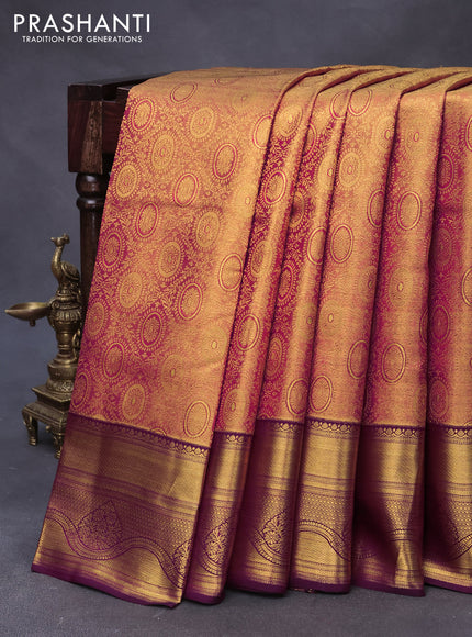 Pure kanjivaram tissue silk saree dual shade of goldish red and wine shade with zari woven broacde weaves and zari woven border