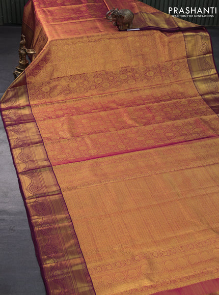 Pure kanjivaram tissue silk saree dual shade of goldish red and wine shade with zari woven broacde weaves and zari woven border