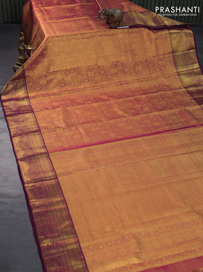 Pure kanjivaram tissue silk saree dual shade of goldish red and wine shade with zari woven broacde weaves and zari woven border