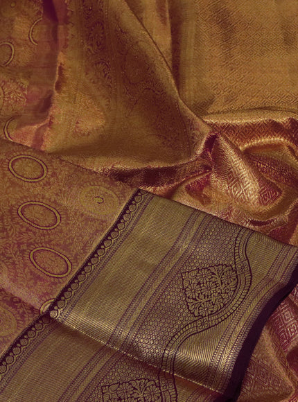 Pure kanjivaram tissue silk saree dual shade of goldish red and wine shade with zari woven broacde weaves and zari woven border