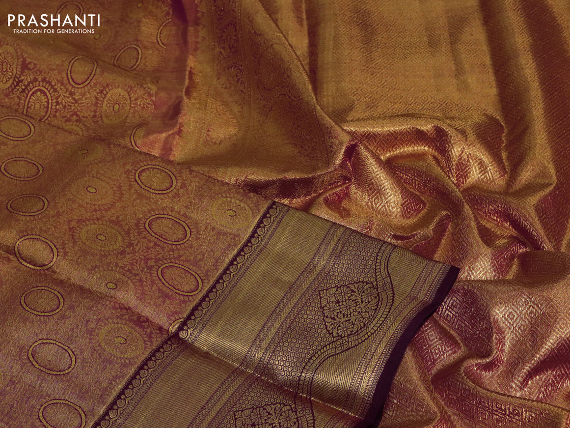 Pure kanjivaram tissue silk saree dual shade of goldish red and wine shade with zari woven broacde weaves and zari woven border