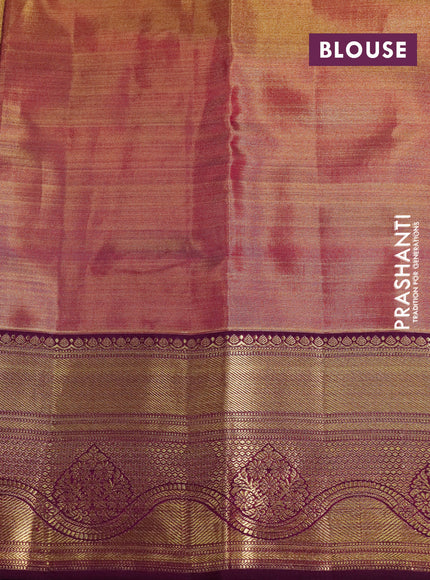 Pure kanjivaram tissue silk saree dual shade of goldish red and wine shade with zari woven broacde weaves and zari woven border