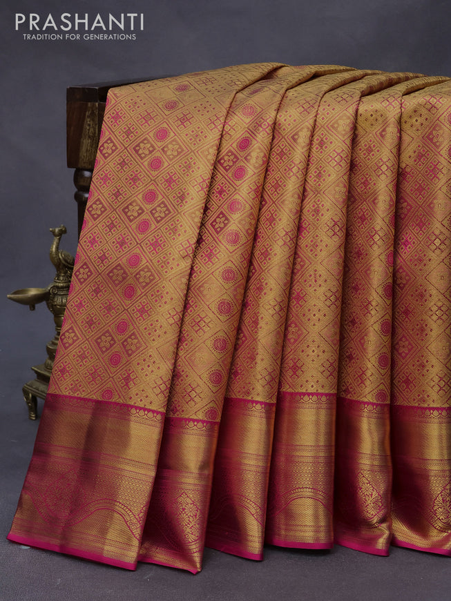 Pure kanjivaram tissue silk saree dual shade of gold and pink with allover zari woven brocade weaves and zari woven border