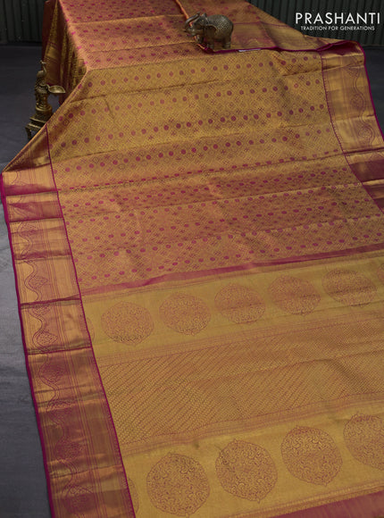 Pure kanjivaram tissue silk saree dual shade of gold and pink with allover zari woven brocade weaves and zari woven border