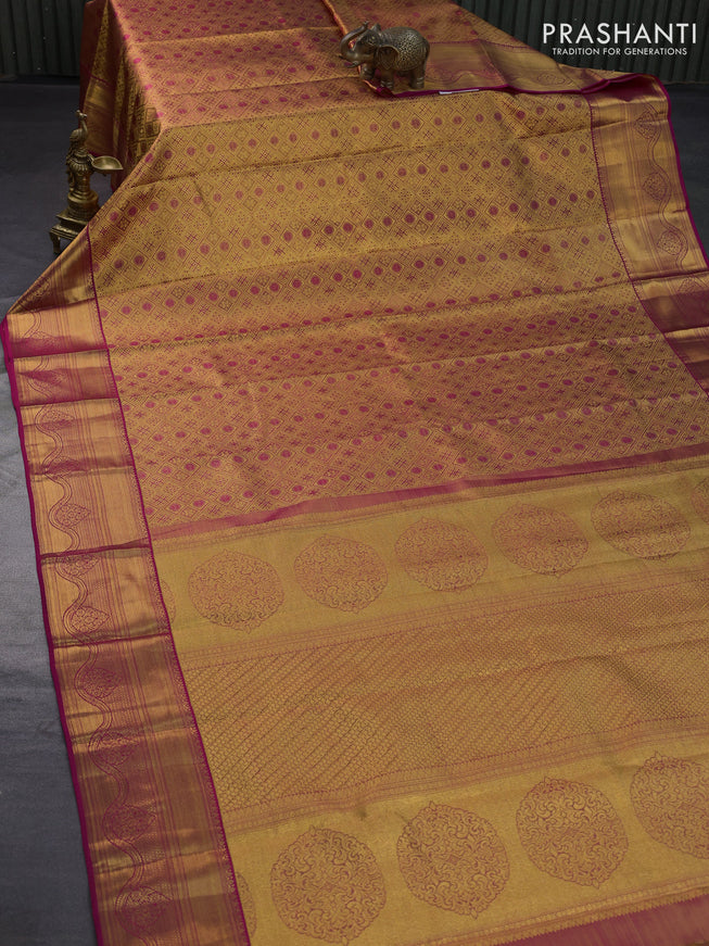 Pure kanjivaram tissue silk saree dual shade of gold and pink with allover zari woven brocade weaves and zari woven border