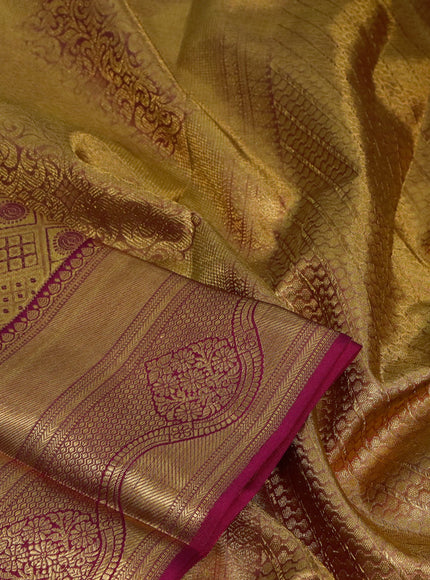 Pure kanjivaram tissue silk saree dual shade of gold and pink with allover zari woven brocade weaves and zari woven border