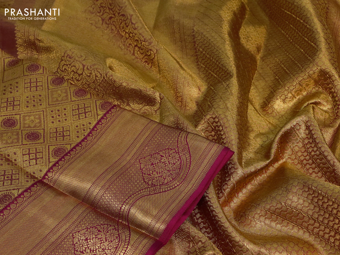 Pure kanjivaram tissue silk saree dual shade of gold and pink with allover zari woven brocade weaves and zari woven border