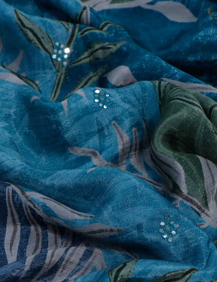 Crepe georgette silk saree peacock blue and grey green with allover prints & embroidery work buttas and aari work border