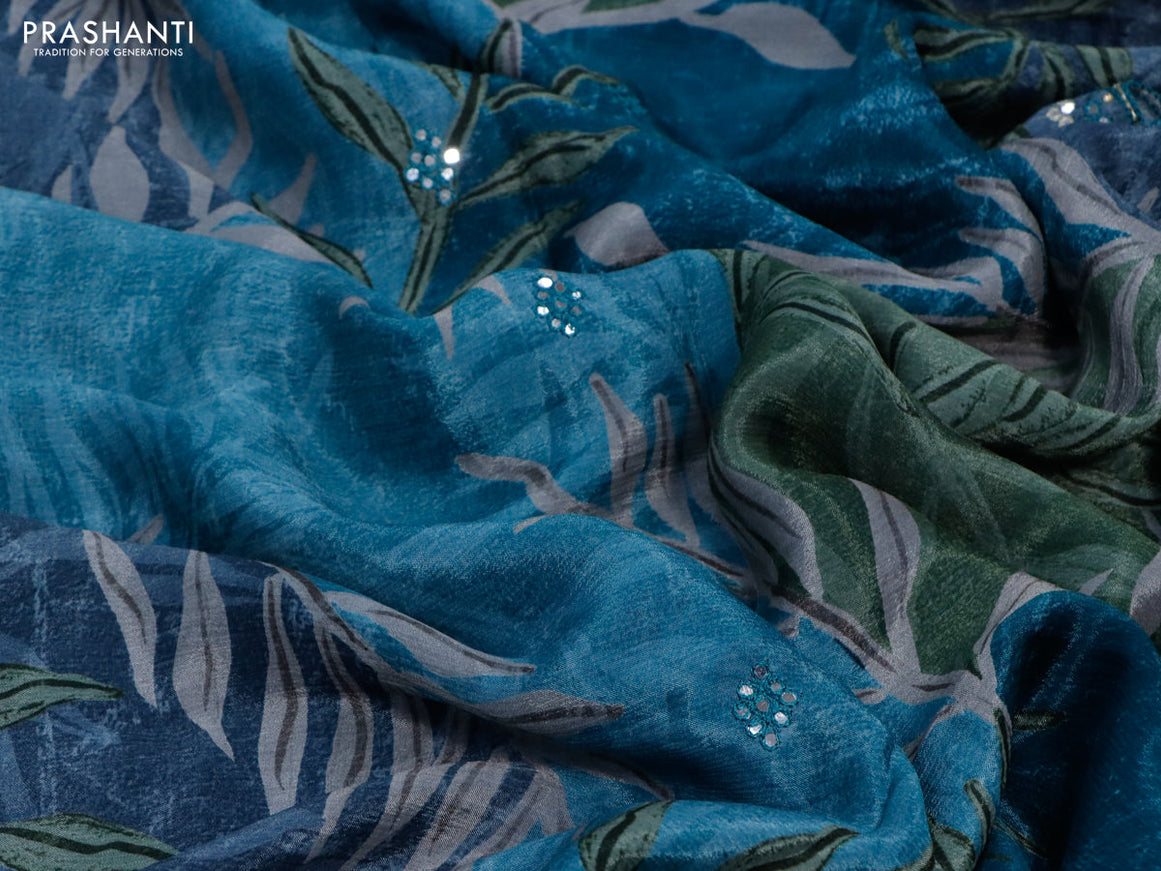 Crepe georgette silk saree peacock blue and grey green with allover prints & embroidery work buttas and aari work border