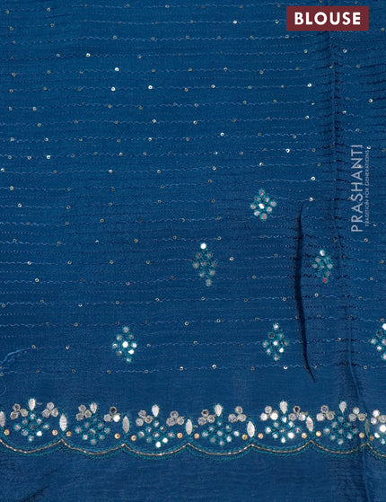 Crepe georgette silk saree peacock blue and grey green with allover prints & embroidery work buttas and aari work border