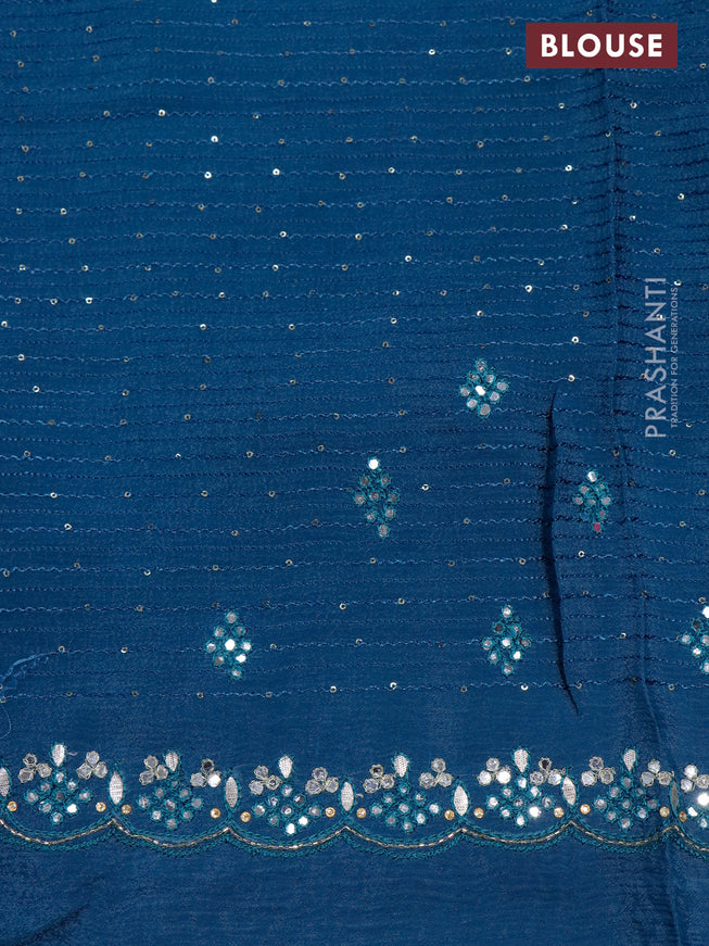 Crepe georgette silk saree peacock blue and grey green with allover prints & embroidery work buttas and aari work border