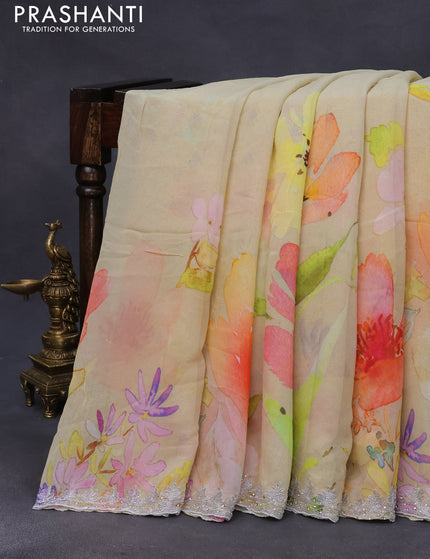 Crepe georgette silk saree pale yellow with floral prints and aari work border