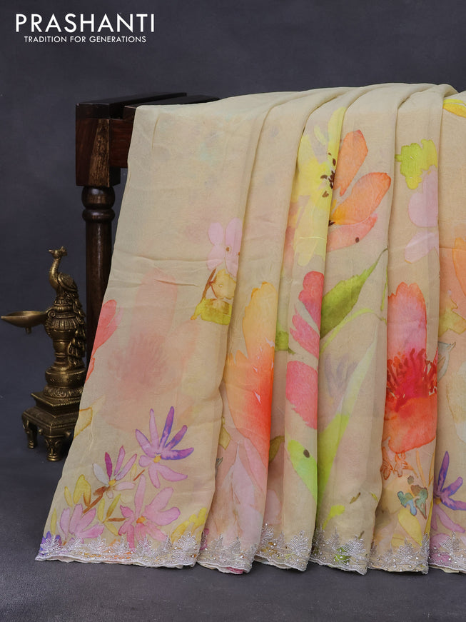 Crepe georgette silk saree pale yellow with floral prints and aari work border