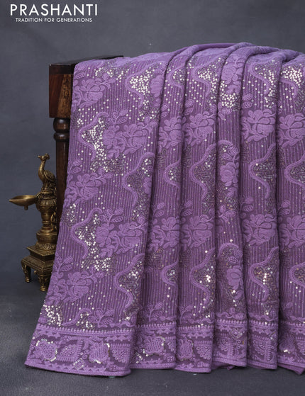 Georgette silk saree violet with allover lucknowi work & sequin work