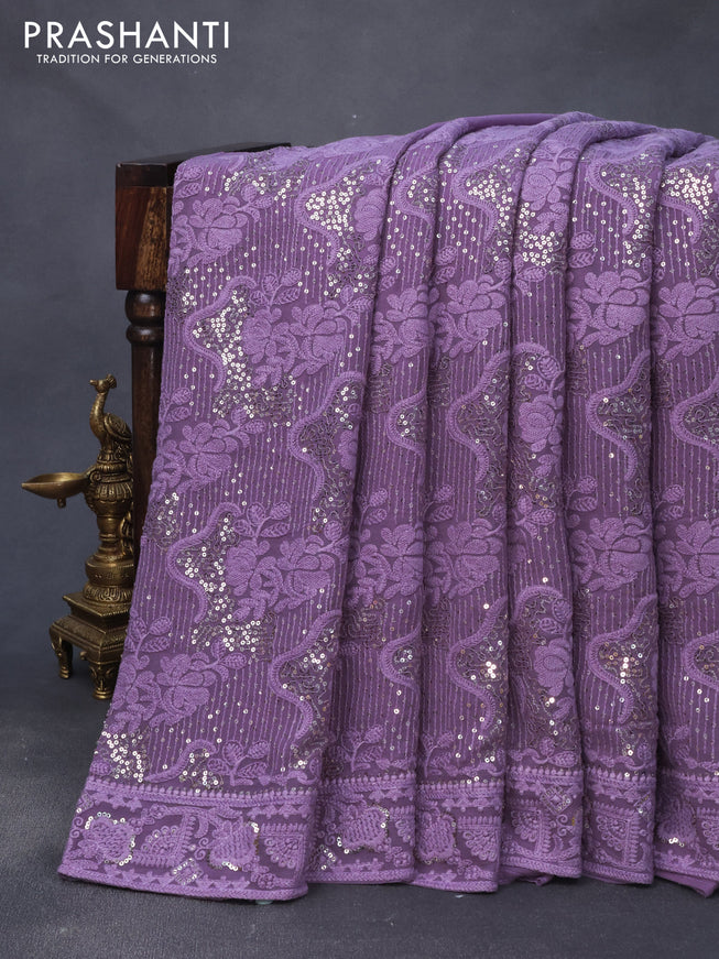 Georgette silk saree violet with allover lucknowi work & sequin work