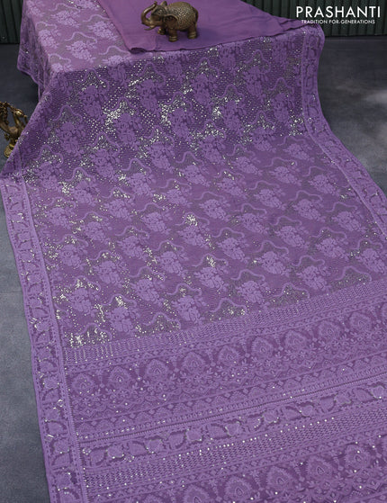 Georgette silk saree violet with allover lucknowi work & sequin work