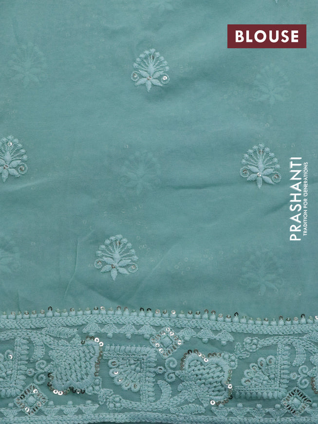 Georgette silk saree teal blue with allover lucknowi work & sequin work