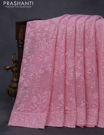 Georgette silk saree light pink with allover lucknowi work & sequin work