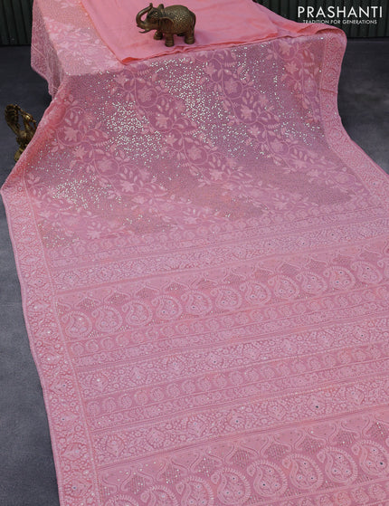 Georgette silk saree light pink with allover lucknowi work & sequin work