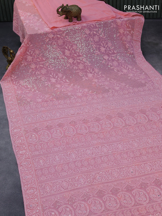 Georgette silk saree light pink with allover lucknowi work & sequin work