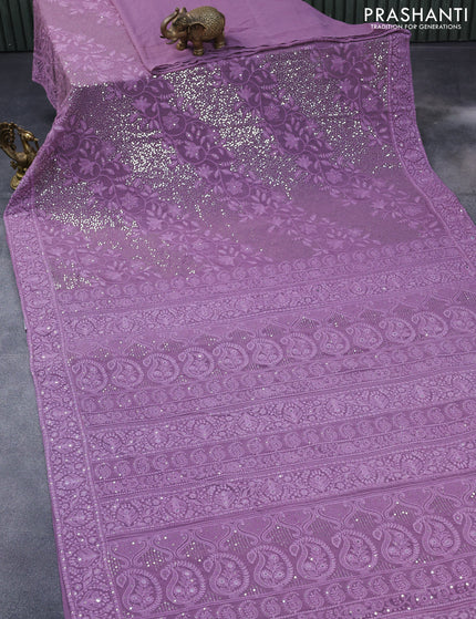 Georgette silk saree mild purple with allover lucknowi work & sequin work