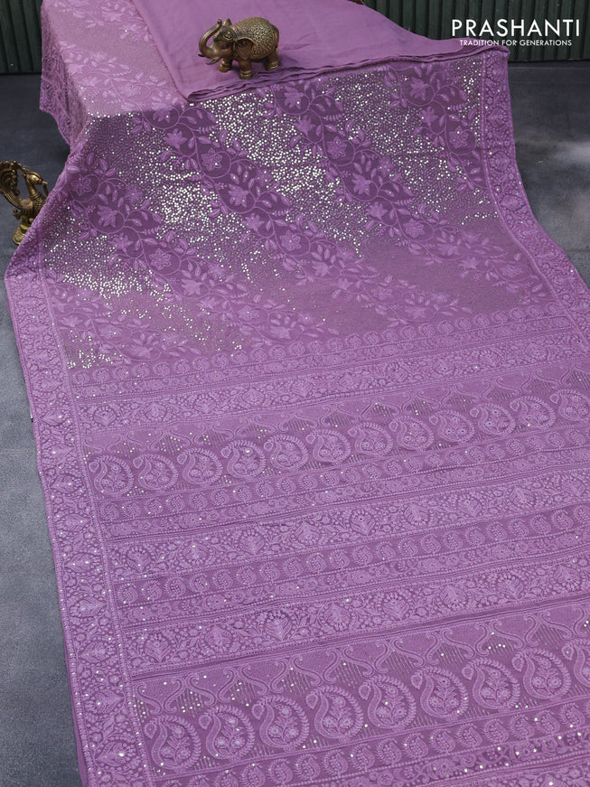 Georgette silk saree mild purple with allover lucknowi work & sequin work