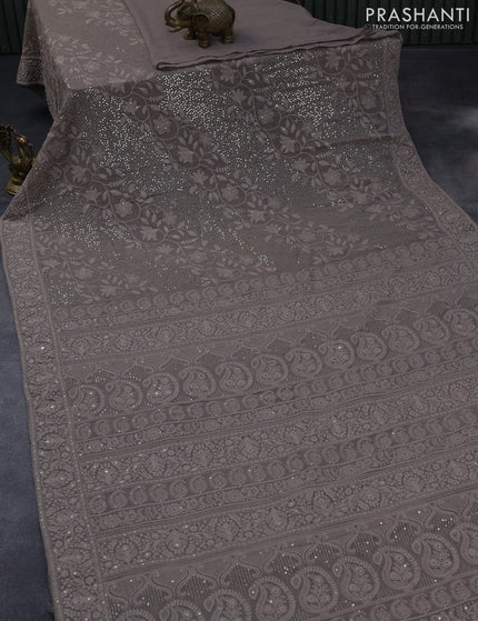 Georgette silk saree grey with allover lucknowi work & sequin work