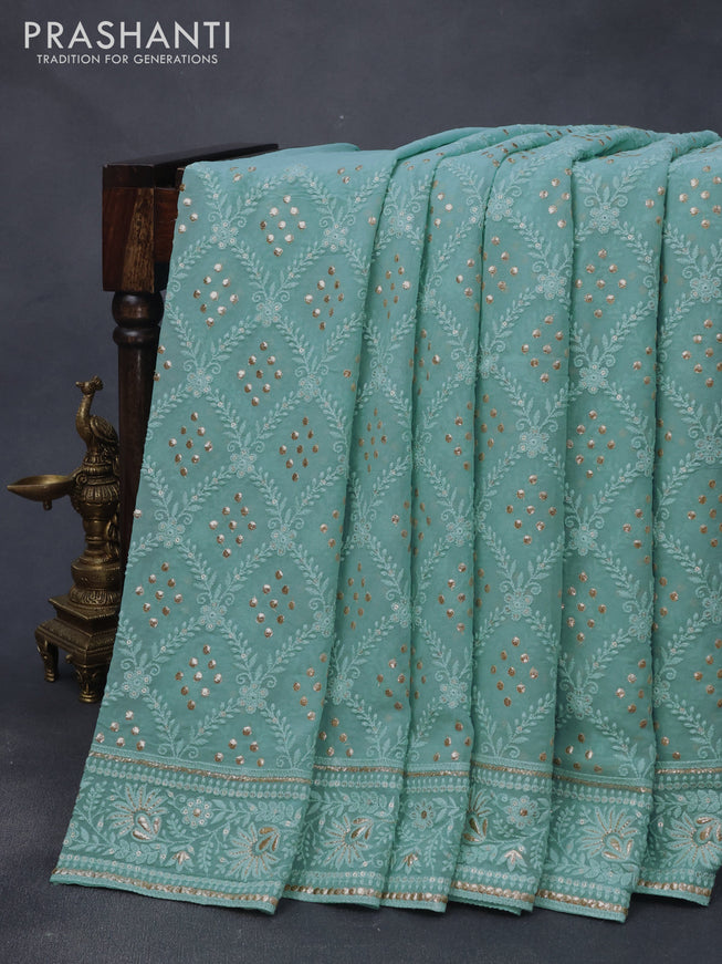 Georgette silk saree pastel blue with allover lucknowi work & sequin work