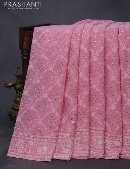 Georgette silk saree light pink with allover lucknowi work & sequin work