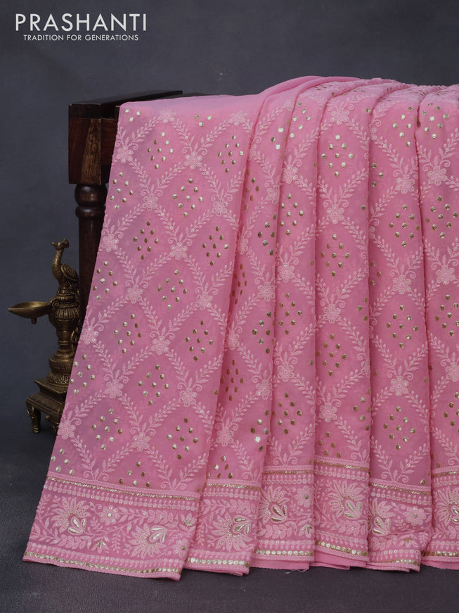 Georgette silk saree light pink with allover lucknowi work & sequin work