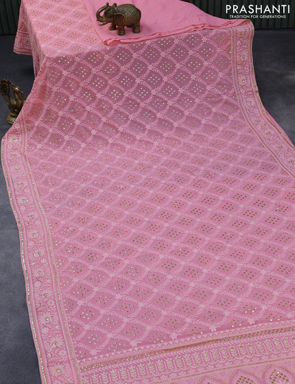 Georgette silk saree light pink with allover lucknowi work & sequin work