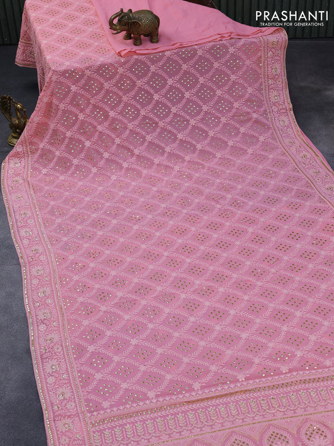 Georgette silk saree light pink with allover lucknowi work & sequin work