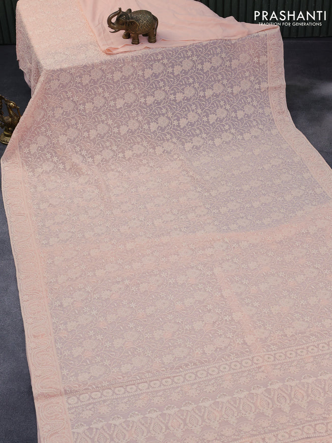 Georgette silk saree peach pink with allover lucknowi work & sequin work