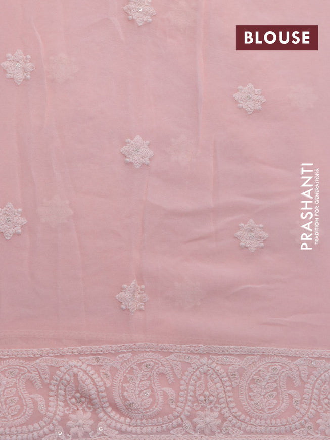 Georgette silk saree peach pink with allover lucknowi work & sequin work