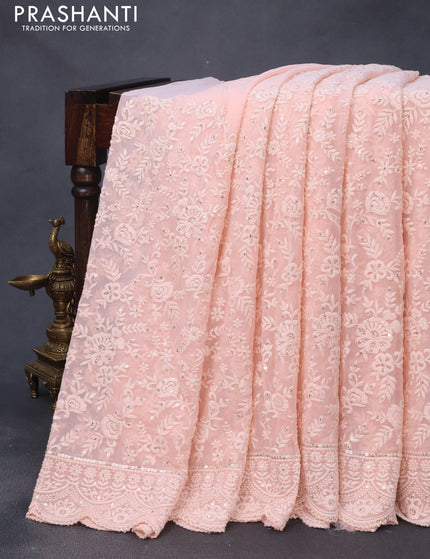 Georgette silk saree peach pink with allover lucknowi work & sequin work