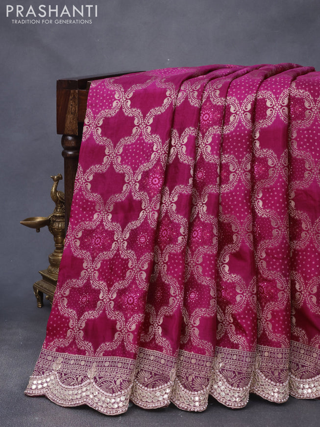 Georgette silk saree dark pink with allover zari woven banarasi weaves and zari woven gottapatti lace work border