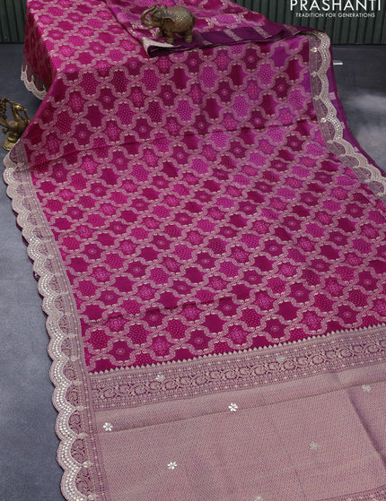 Georgette silk saree dark pink with allover zari woven banarasi weaves and zari woven gottapatti lace work border