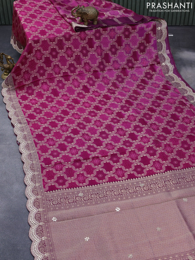 Georgette silk saree dark pink with allover zari woven banarasi weaves and zari woven gottapatti lace work border