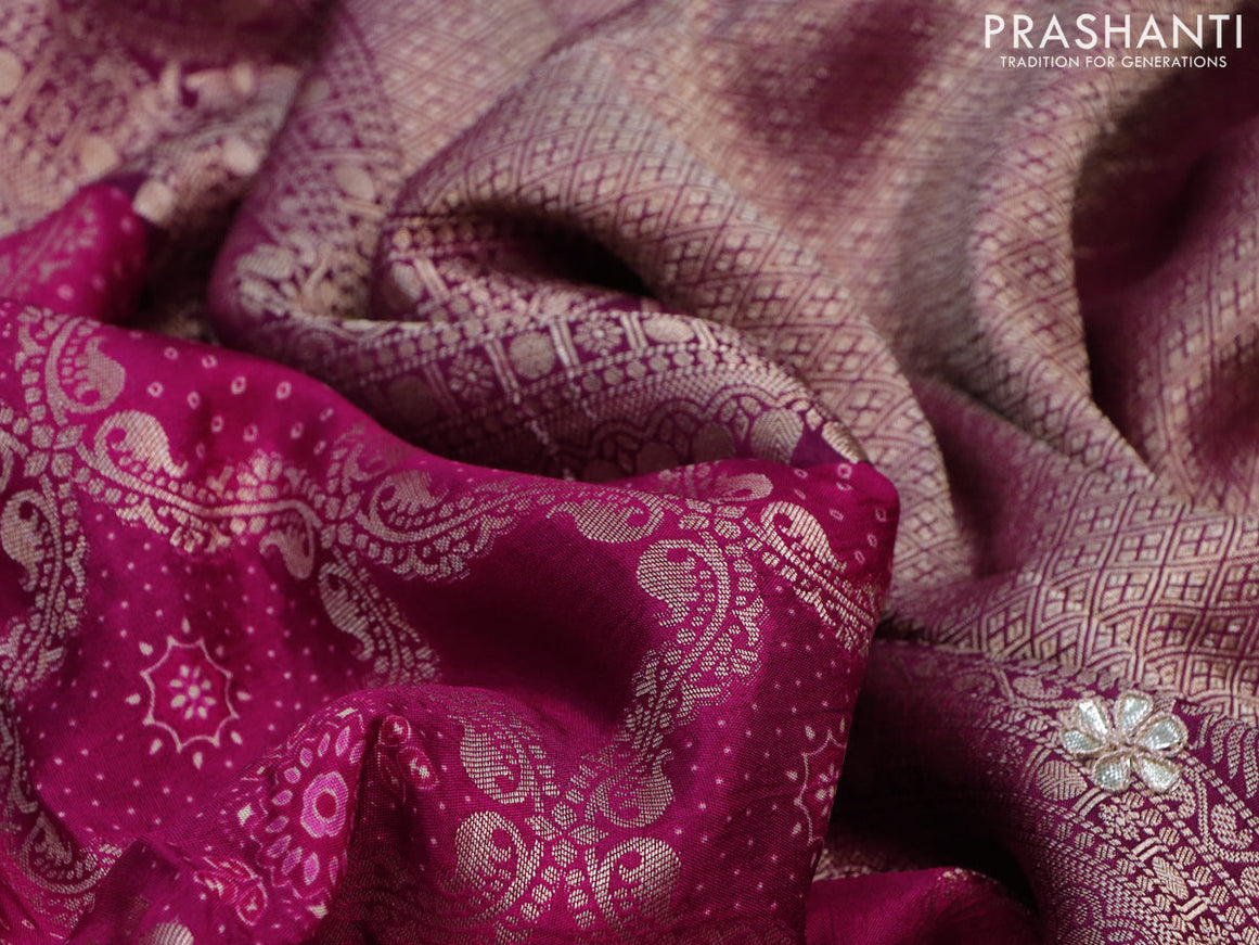 Georgette silk saree dark pink with allover zari woven banarasi weaves and zari woven gottapatti lace work border