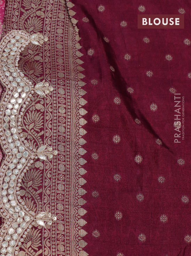 Georgette silk saree dark pink with allover zari woven banarasi weaves and zari woven gottapatti lace work border