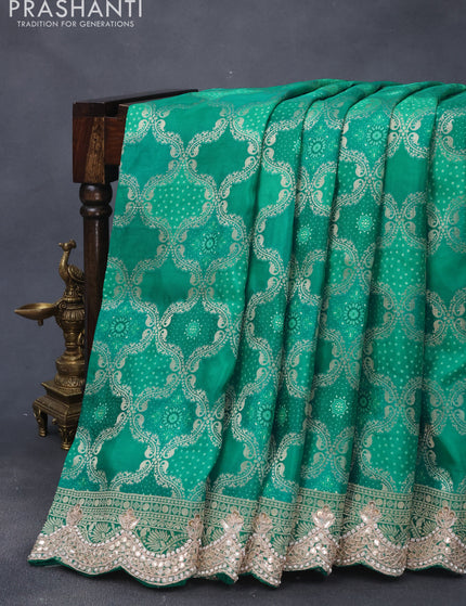 Georgette silk saree teal green with allover zari woven banarasi weaves and zari woven gottapatti lace work border