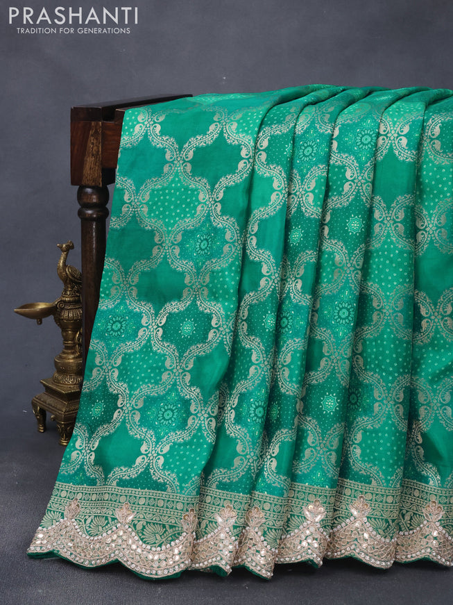 Georgette silk saree teal green with allover zari woven banarasi weaves and zari woven gottapatti lace work border