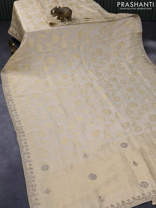 Banarasi silk saree cream with allover zari woven banarasi weaves and zari woven gottapatti lace work border