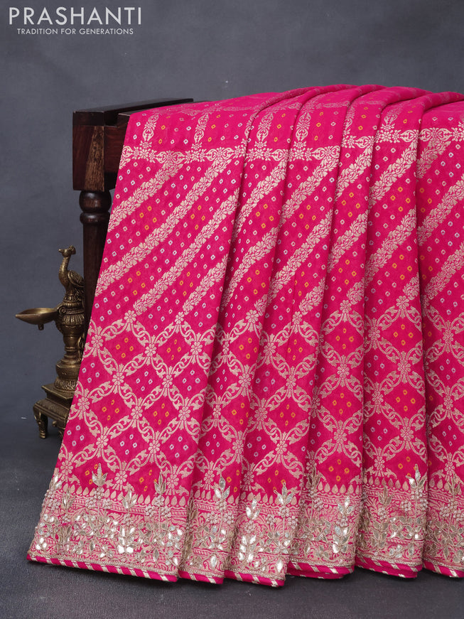 Georgette silk saree pink with allover bandhani prints & banarasi zari weaves and zari woven gottapatti lace work border